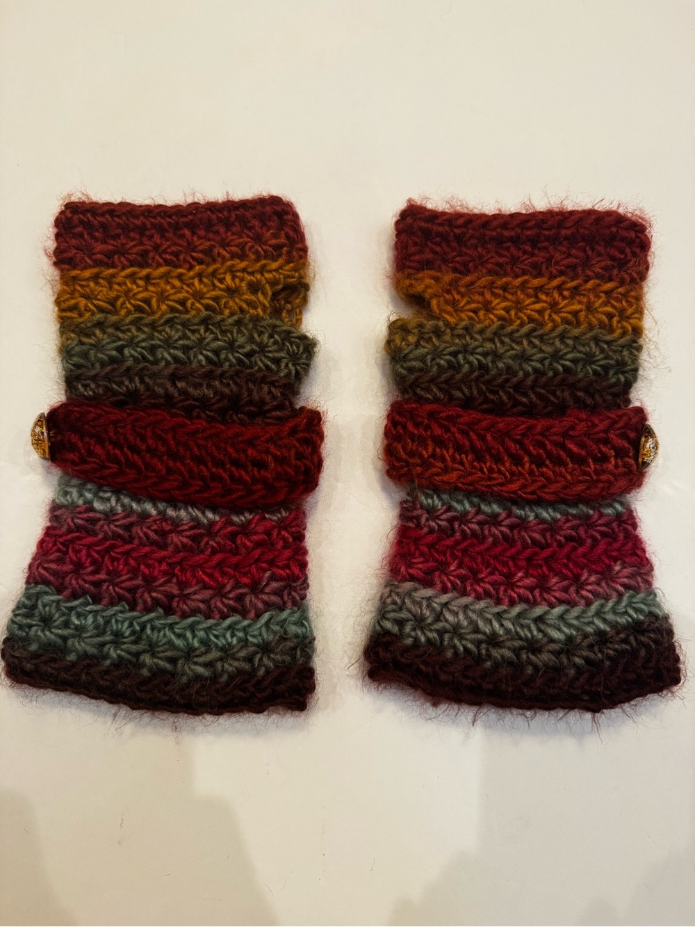 Handmade Handwarmers Crochet Striped Burgundy Blue Tan Mittens Womens - Picture 5 of 8